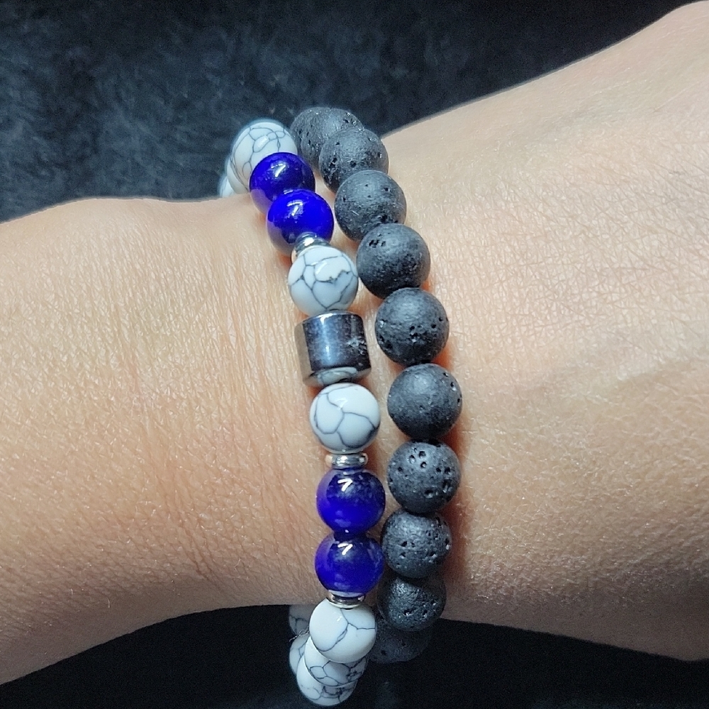 Mens Lapis Lazuli And Lava Rock Beaded Bracelet Set